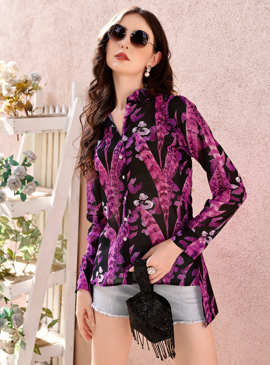 Printed Black Purple Georgette Shirt