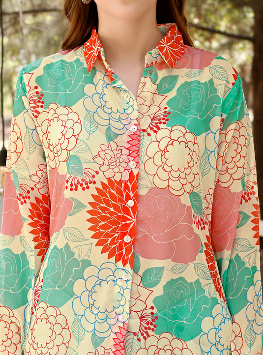 Green & Yellow Printed Georgette Shirt