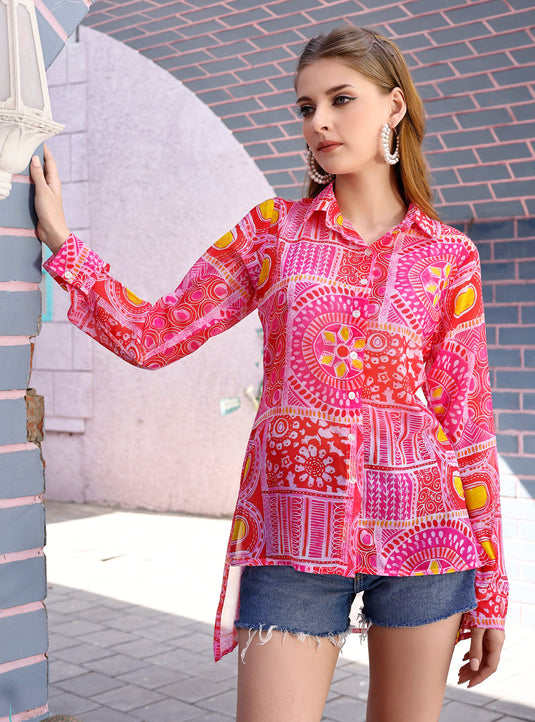 Printed Pink Color Georgette Shirt