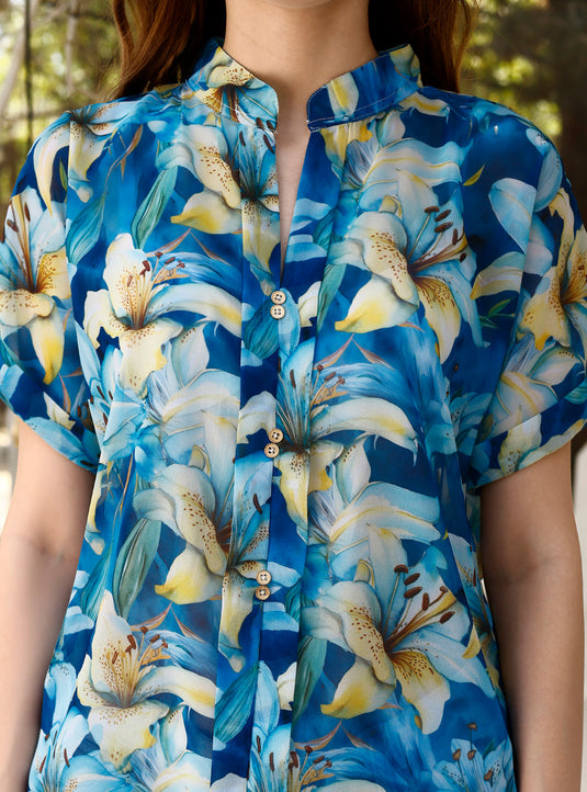 Aqua Blue Floral Printed Georgette Mandarin Collar Shirt