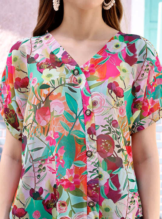 Floral Printed Heavy Georgette Slanted Placket Shirt