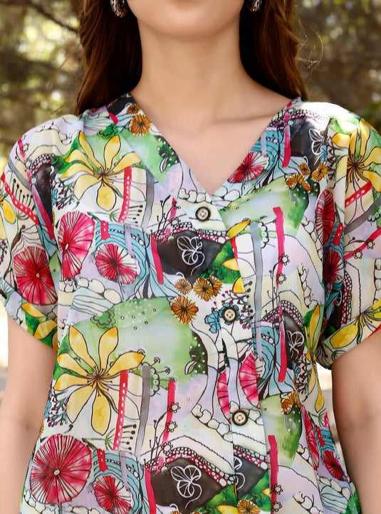 Floral Printed Heavy Georgette Slanted Placket Shirt