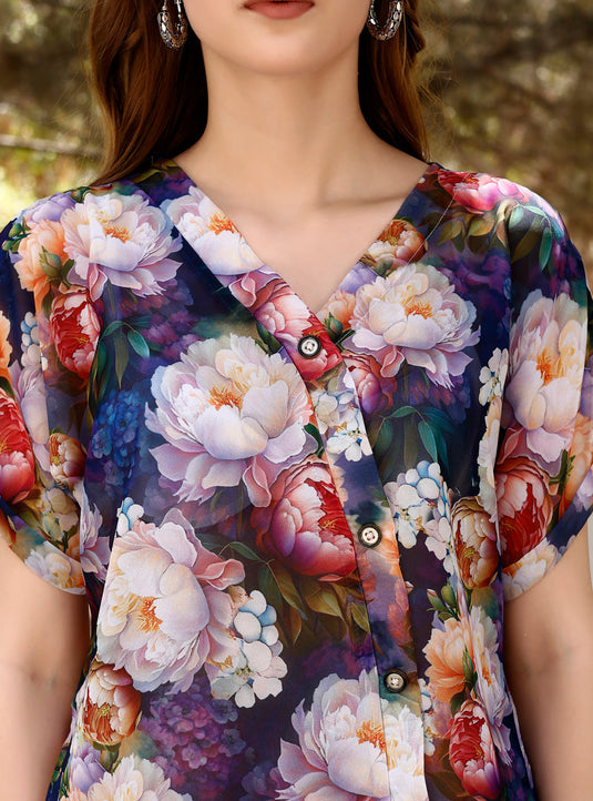 Floral Printed Georgette V-Neck Collar Shirt