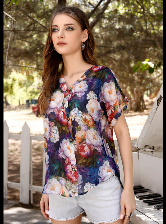 Floral Printed Georgette V-Neck Collar Shirt