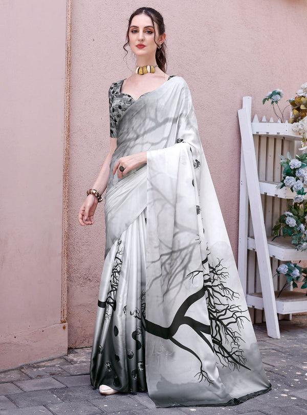 Women's Printed White Soft Silk Saree