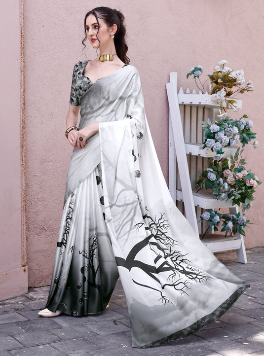 Women's Printed White Soft Satin Silk Saree