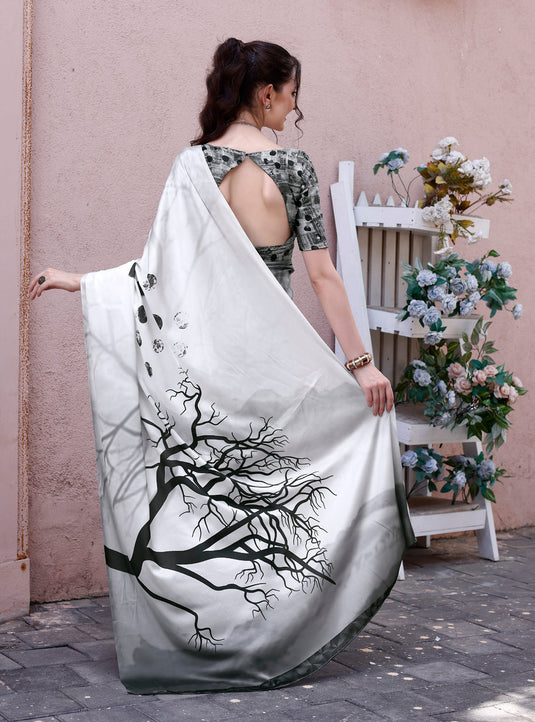 Women's Printed White Soft Satin Silk Saree