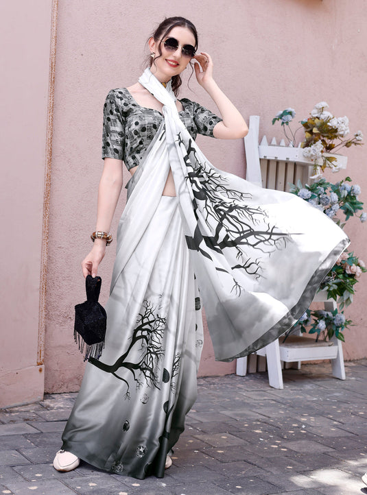 Women's Printed White Soft Satin Silk Saree