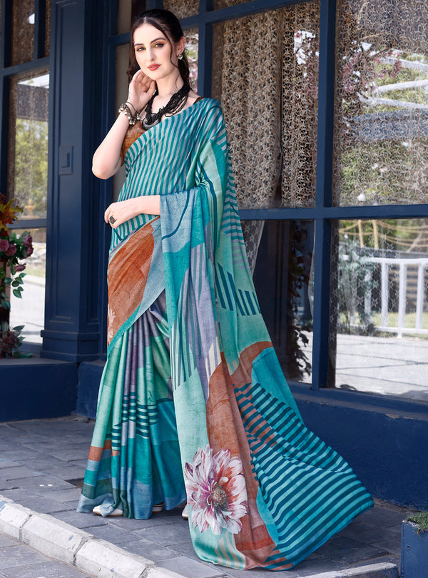 Women's Abstract Blue Printed Saree