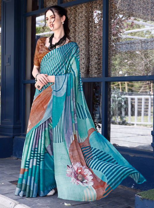 Women's Abstract Blue Printed Satin Saree