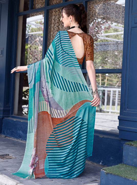 Women's Abstract Blue Printed Satin Saree