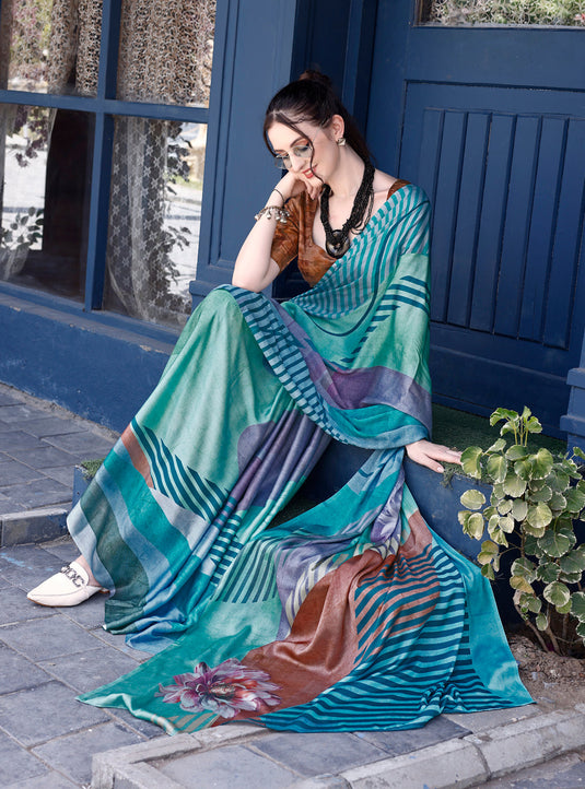 Women's Abstract Blue Printed Satin Saree