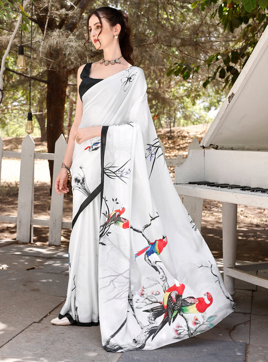 White Printed Soft Satin Silk Saree