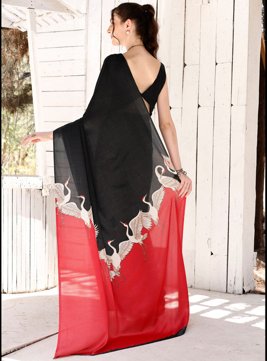 Black And Red Printed Satin Silk Saree