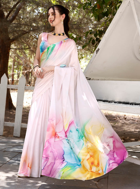 Light Pink Digital Printed Soft Satin Saree