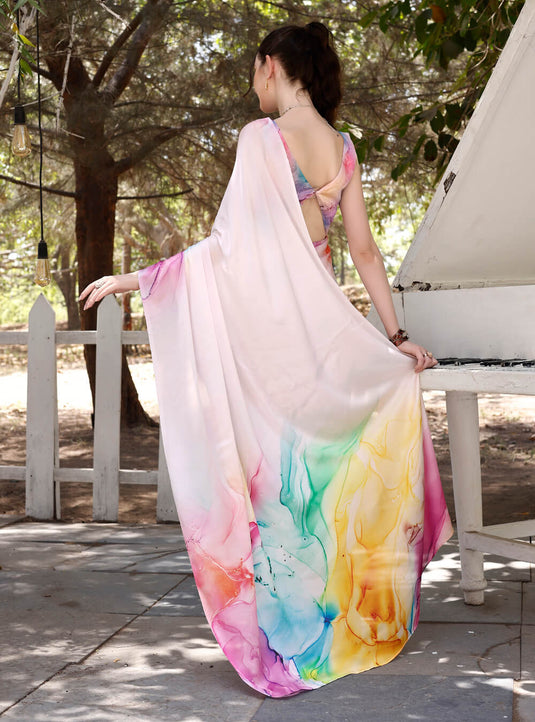 Light Pink Digital Printed Soft Satin Saree