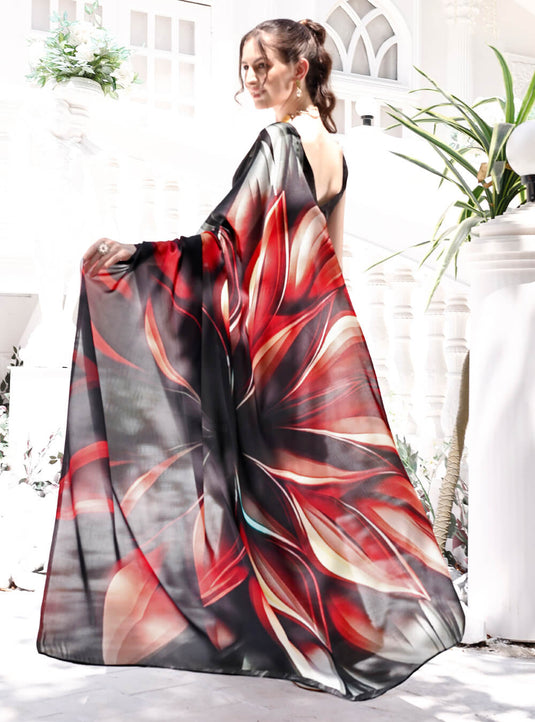 Black Digital Printed Soft Satin Saree