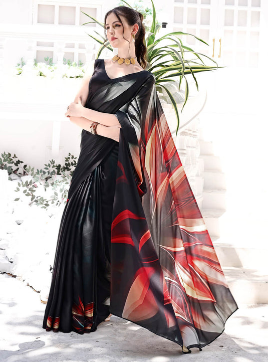 Black Digital Printed Soft Satin Saree