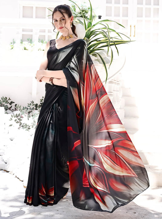 Black Digital Printed Soft Satin Saree