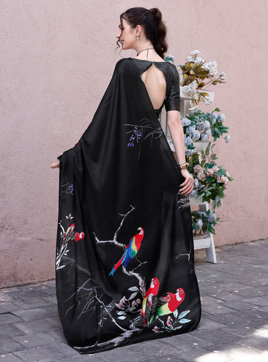 Black Digital Printed Soft Satin Saree