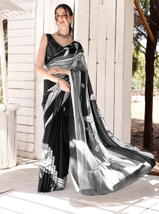 White Black Digital Printed Soft Satin Saree