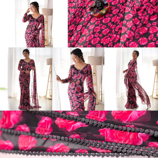 Pure Georgette Floral Printed Ready To Wear Saree - thevendorvilla