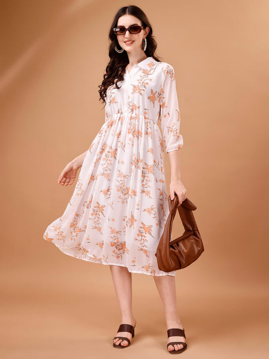 Printed Georgette Calf Length Floral Summer Dress - thevendorvilla