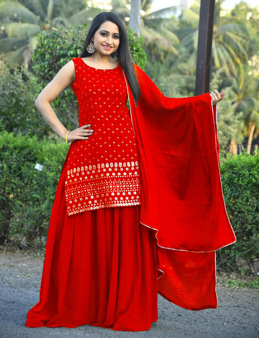 Red Color Embroidered Georgette Sleeveless Sharara 3 Piece Set