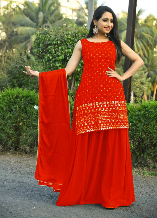 Red Color Embroidered Georgette Sleeveless Sharara 3 Piece Set