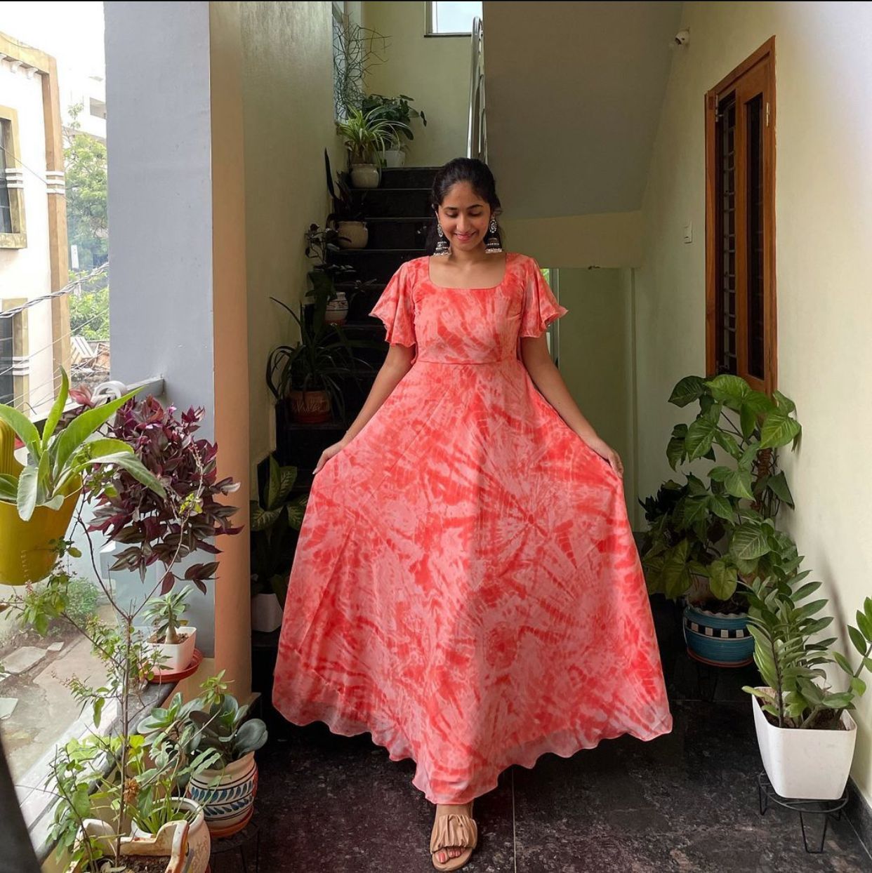 The Vendorvilla Flared Umbrella Print Anarkali Long Dress For Women