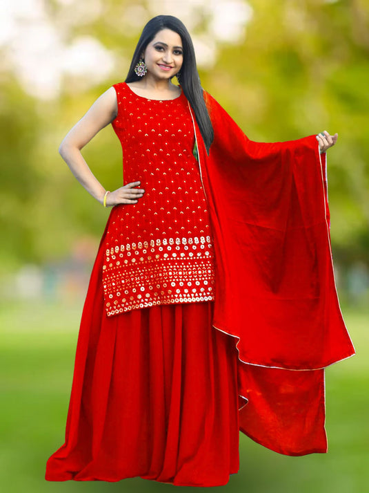 Red Color Embroidered Georgette Sleeveless Sharara 3 Piece Set