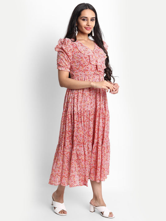 The Vendor Villa Printed Georgette Fancy Calf Length Dress For Women - thevendorvilla