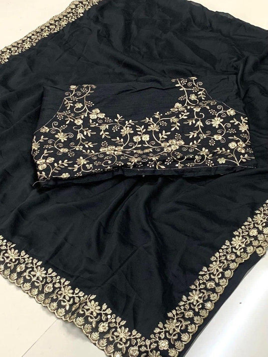 Black Color Embroidered Silk Saree