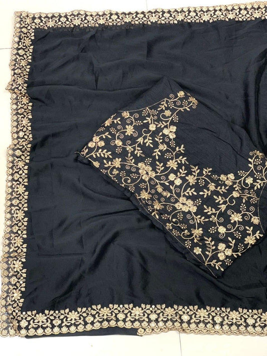 Black Color Embroidered Silk Saree