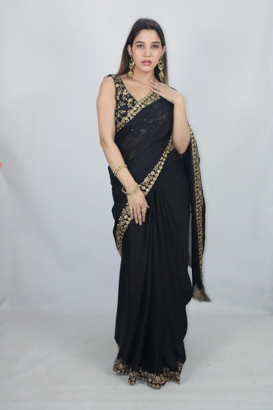 Black Color Embroidered Silk Saree