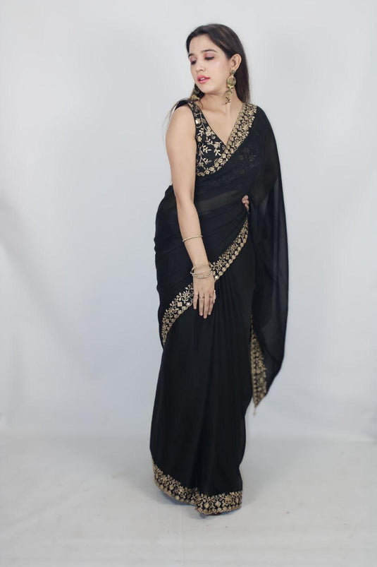 Black Color Embroidered Silk Saree