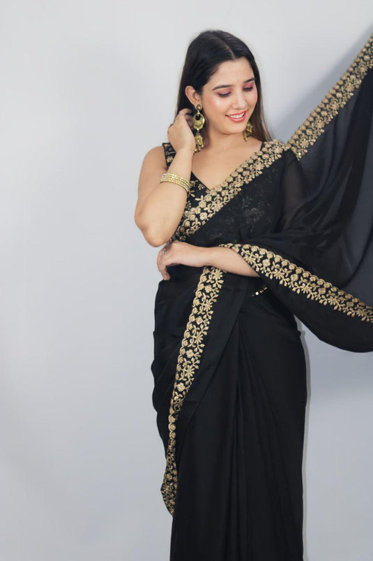 Black Color Embroidered Silk Saree