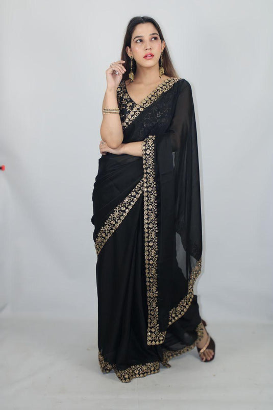 Black Color Embroidered Silk Saree