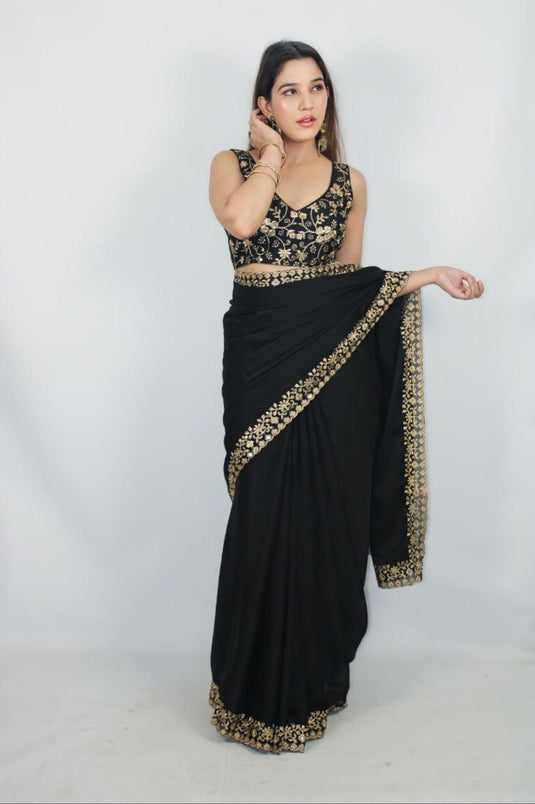 Black Color Embroidered Silk Saree