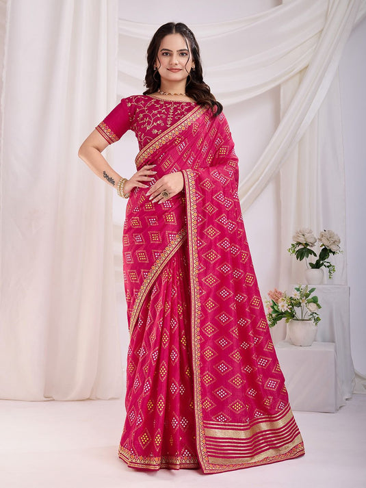 Traditional Vichitra Silk Bandhani Saree with Embroidered Sequin Work