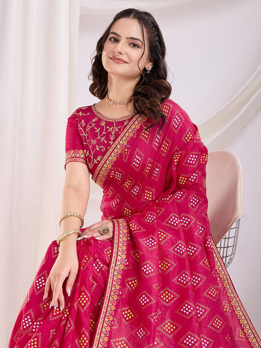 Traditional Vichitra Silk Bandhani Saree with Embroidered Sequin Work