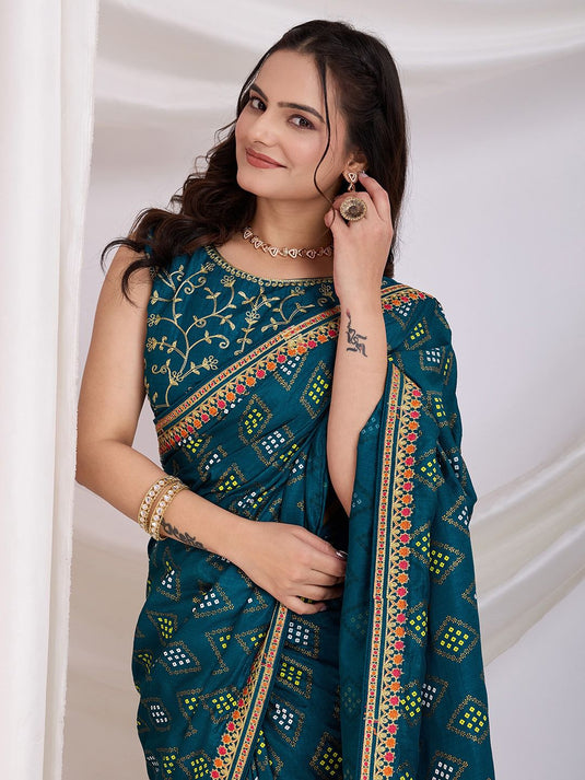 Traditional Vichitra Silk Bandhani Saree with Embroidered Sequin Work