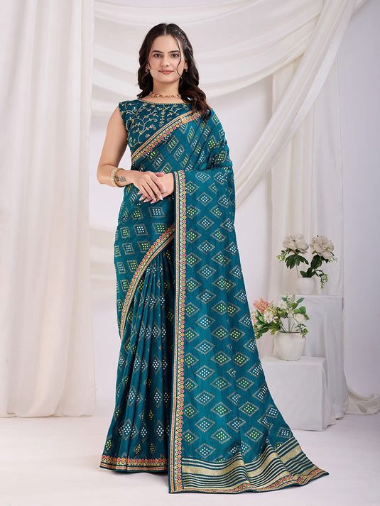 Traditional Vichitra Silk Bandhani Saree with Embroidered Sequin Work