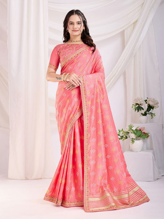 Traditional Vichitra Silk Bandhani Saree with Embroidered Sequin Work