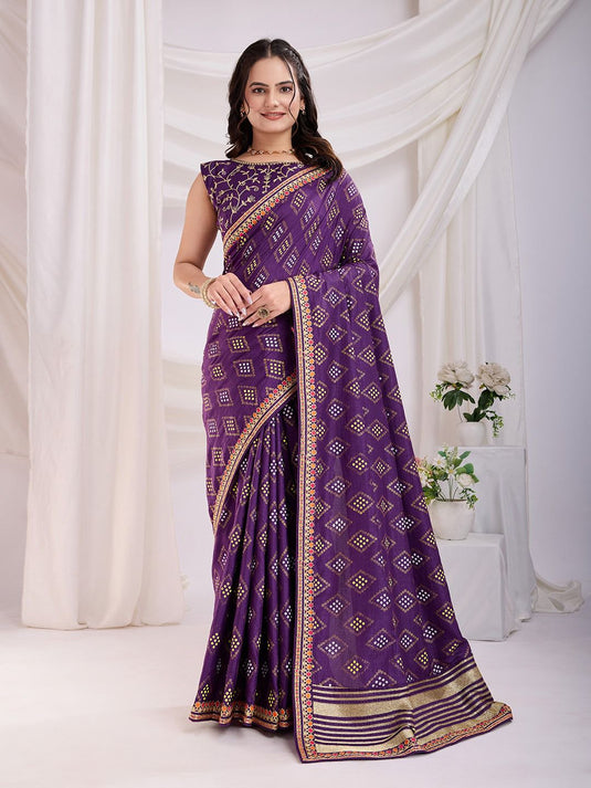 Traditional Vichitra Silk Bandhani Saree with Embroidered Sequin Work