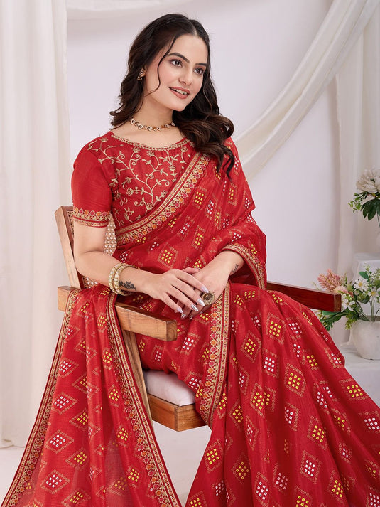 Traditional Vichitra Silk Bandhani Saree with Embroidered Sequin Work