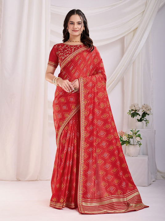 Traditional Vichitra Silk Bandhani Saree with Embroidered Sequin Work