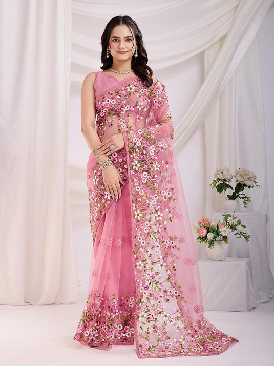 Elegant Soft Net Chikankari Saree with Mono Banglory Blouse & Piping Border – Timeless Grace!