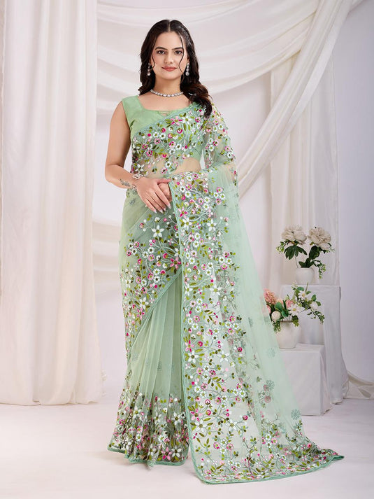 Elegant Soft Net Chikankari Saree with Mono Banglory Blouse & Piping Border – Timeless Grace!