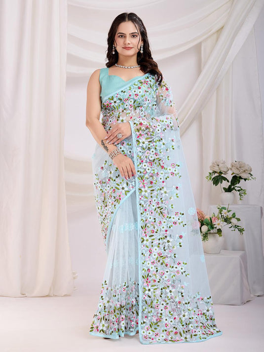 Elegant Soft Net Chikankari Saree with Mono Banglory Blouse & Piping Border – Timeless Grace!